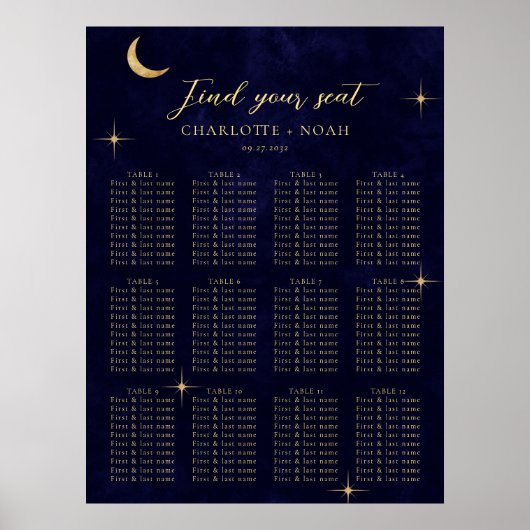 Midnight Celestial Gold Moon Wedding Seating Chart Poster (Voorkant)