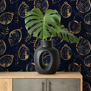 Midnight Citrus   Goud en Navy Lemon Behang