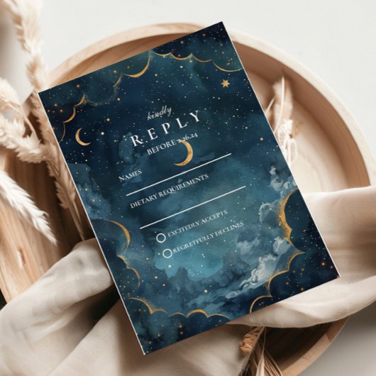 Midnight Constellation Floral Wedding RSVP Kaartje