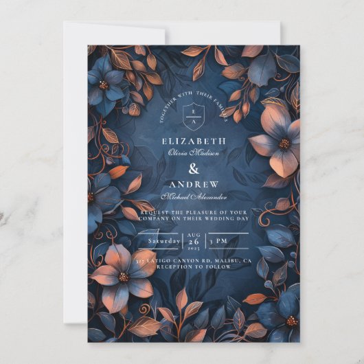 Midnight Copper Floral Wedding Kaart (Voorkant)