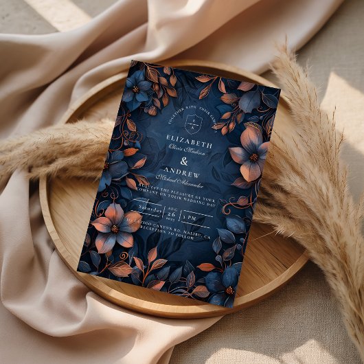 Midnight Copper Floral Wedding Kaart