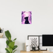 Midnight Cyber Cat | Pink Cherry Blossom Forest Poster (Thuiskantoor)