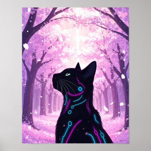 Midnight Cyber Cat | Pink Cherry Blossom Forest Poster (Voorkant)