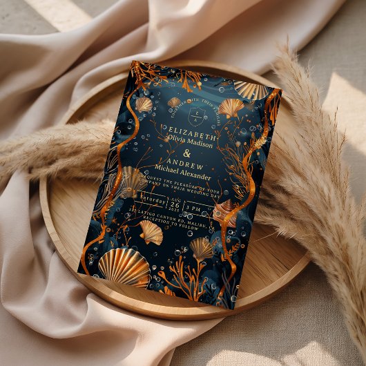 Midnight Deep Sea Gold Nautical Wedding Kaart