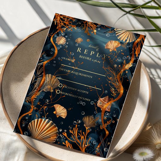Midnight Deep Sea Gold Nautical Wedding RSVP Kaartje