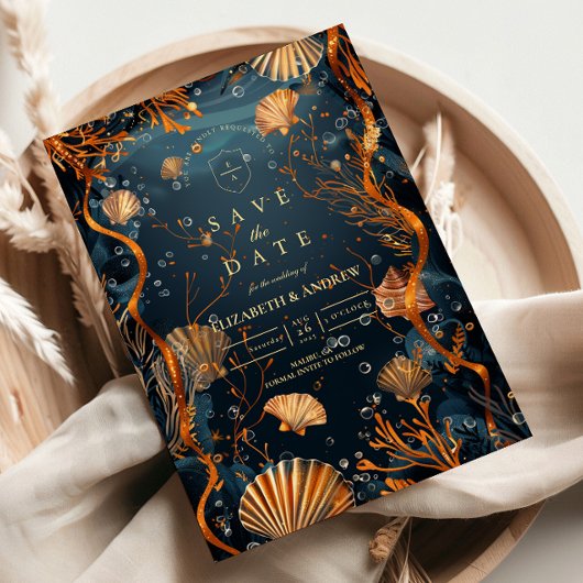 Midnight Deep Sea Gold Nautical Wedding Save The Date