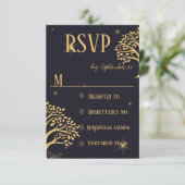 Midnight Elegance: Donkerblauwe bruiloft RSVP Kaartje (Staand voorkant)