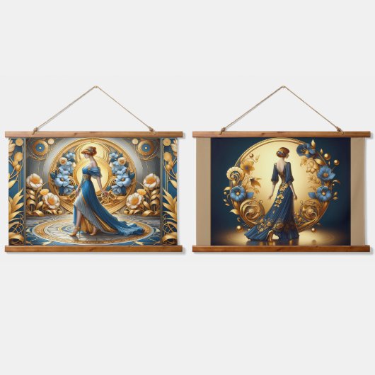 Midnight Elegance in Floral Lijst Hangend Wandkleed (Dubbel)