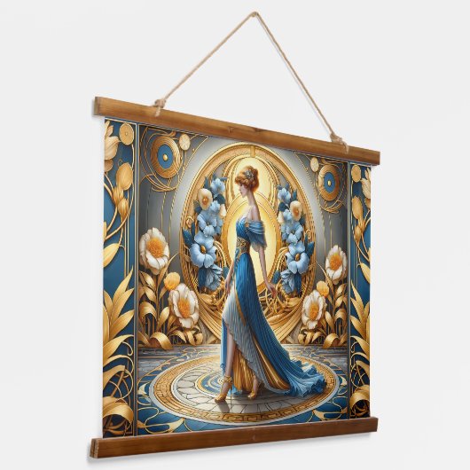 Midnight Elegance in Floral Lijst Hangend Wandkleed (Gebogen)