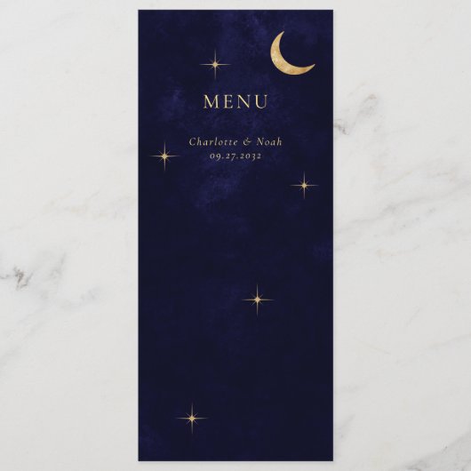 Midnight Elegant Hemelse Gouden Maan Sterren Huwel Menu (Voorkant)
