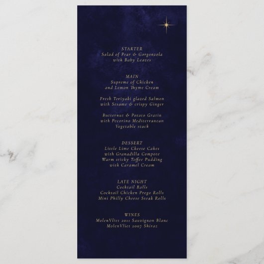 Midnight Elegant Hemelse Gouden Maan Sterren Huwel Menu (Achterkant)