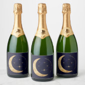 Midnight Elegant Hemelse Gouden Maan Sterren Huwel Sparkling Wijnetiket (Flessen)