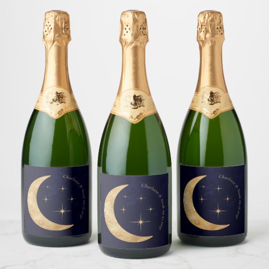 Midnight Elegant Hemelse Gouden Maan Sterren Huwel Sparkling Wijnetiket (Flessen)