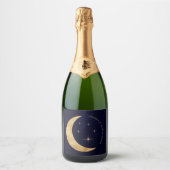 Midnight Elegant Hemelse Gouden Maan Sterren Huwel Sparkling Wijnetiket (Voorkant)