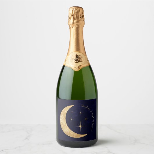 Midnight Elegant Hemelse Gouden Maan Sterren Huwel Sparkling Wijnetiket (Voorkant)