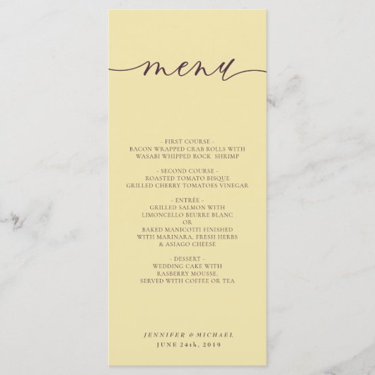 Midnight Fig & Champagne Script Wedding Dinner Menu (Voorkant)