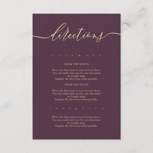 Midnight Fig & Champagne Simple Wedding Directions Informatiekaartje (Voorkant)