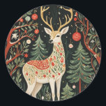 Midnight Forest Christmas Deer Ronde Sticker<br><div class="desc">Een silhouet van een majestueus kersthert komt uit de duisternis, zijn vorm versierd met ingewikkelde patronen die lijken te glinsteren tegen de zwarte achtergrond. Betoverende versierde bomen staan rond de herten, hun takken beladen met ornamenten die twinkelen als verre sterren. Wist je dat rendieren de enige hertensoort zijn waarin zowel...</div>