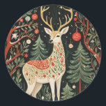 Midnight Forest Christmas Deer Ronde Sticker<br><div class="desc">Een silhouet van een majestueus kersthert komt uit de duisternis, zijn vorm versierd met ingewikkelde patronen die lijken te glinsteren tegen de zwarte achtergrond. Betoverende versierde bomen staan rond de herten, hun takken beladen met ornamenten die twinkelen als verre sterren. Wist je dat rendieren de enige hertensoort zijn waarin zowel...</div>