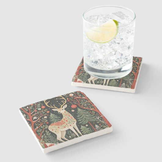 Midnight Forest Christmas Deer Stenen Onderzetter (Zijkant)