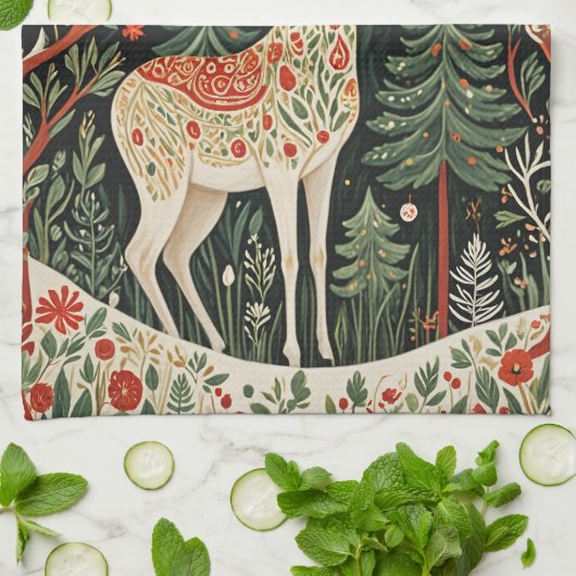 Midnight Forest Christmas Deer Theedoek (Gevouwen)