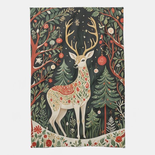 Midnight Forest Christmas Deer Theedoek (Verticaal)