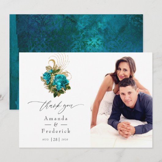 Midnight Forest Fantasy Turquoise en Gold Wedding Bedankkaart (Voorkant / Achterkant)