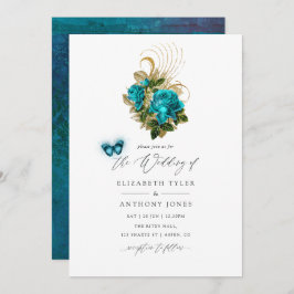 Midnight Forest Fantasy Turquoise en Gold Wedding Kaart
