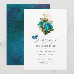 Midnight Forest Fantasy Turquoise en Gold Wedding Kaart