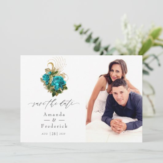 Midnight Forest Fantasy Turquoise en Gold Wedding Save The Date (Staand voorkant)