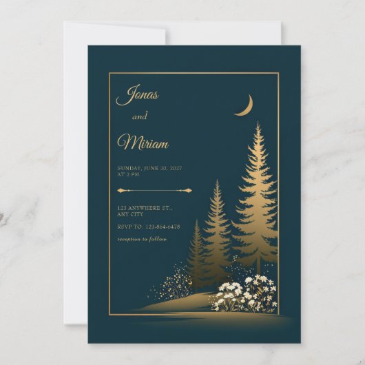 Midnight Forest Gold Wedding Kaart (Voorkant)