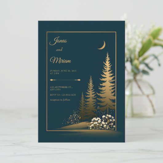 Midnight Forest Gold Wedding Kaart (Staand voorkant)