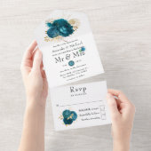 Midnight Forest Turquoise en Gold Wedding All In One Uitnodiging (Afscheurbaar)