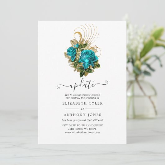Midnight Forest Turquoise en Gold Wedding Update Kaart (Staand voorkant)