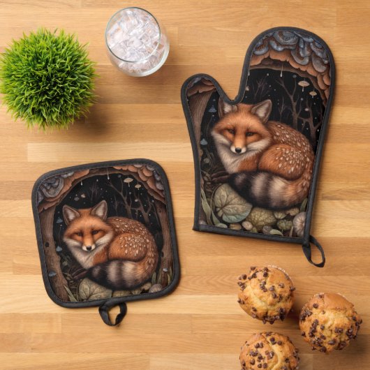 Midnight Fox Ornament Ovenwant & Pannenlap Set (Top down)