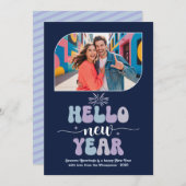 Midnight Frost Hello New Year Blue Retro Photo Feestdagenkaart (Voorkant / Achterkant)