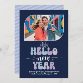 Midnight Frost Hello New Year Blue Retro Photo Feestdagenkaart