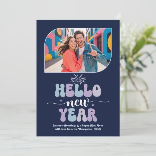 Midnight Frost Hello New Year Blue Retro Photo Feestdagenkaart (Staand voorkant)