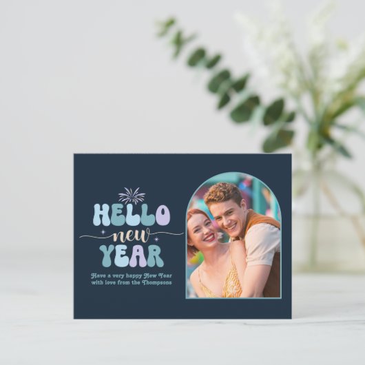 Midnight Frost New Year Retro Modern Blue Photo Feestdagenkaart (Staand voorkant)