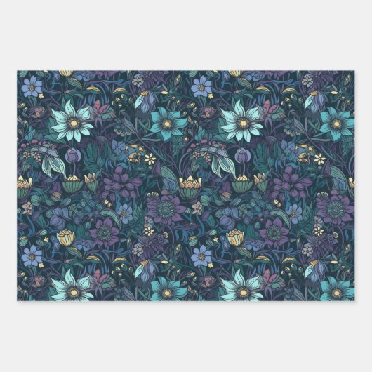 Midnight Garden Blauw Bloemen Decoupage Inpakpapier Vel (Voorkant)