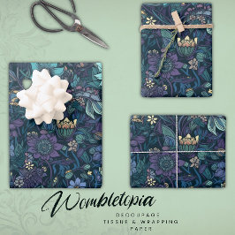  Midnight Garden Blauw Bloemen Decoupage Inpakpapier Vel