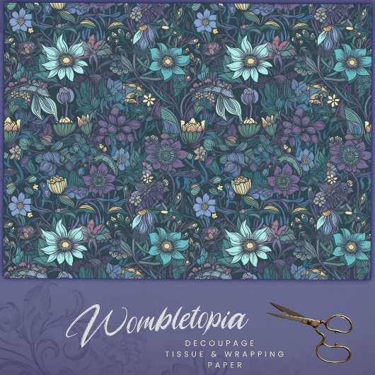  Midnight Garden Blauw Bloemen Decoupage Inpakpapier Vel