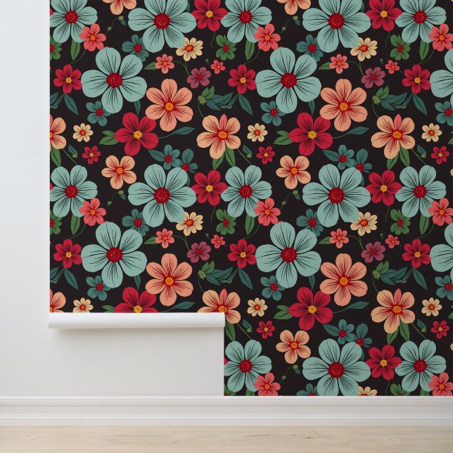 Midnight Garden Bloom: Retro bloemenpatroon Behang (Applicatie)