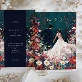 Midnight Garden - Chique Blauwgroen & Koraal bruil Kaart
