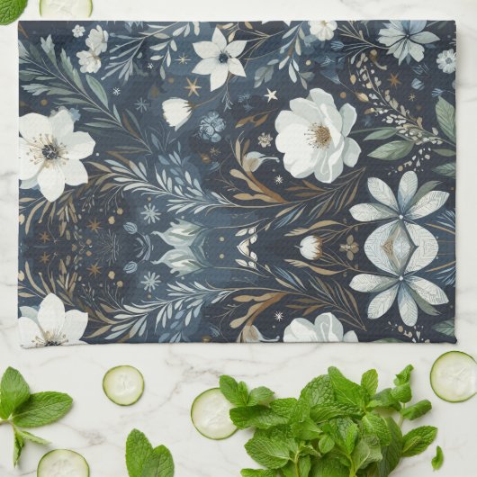 Midnight Garden Dream - Navy Blue Waterverf Flor Theedoek (Gevouwen)