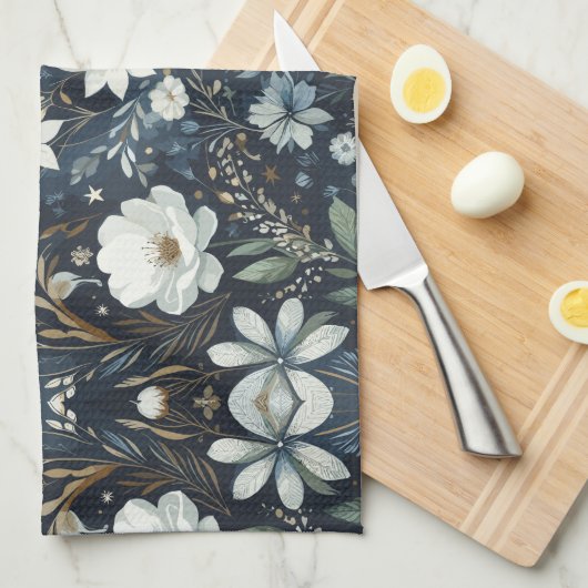 Midnight Garden Dream - Navy Blue Waterverf Flor Theedoek (Quarter Fold)