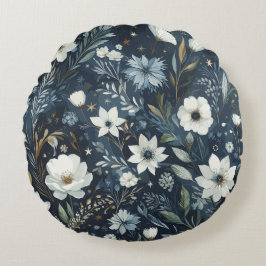 Midnight Garden Dream - Navy Blue Waterverf Flora Rond Kussen