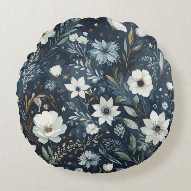 Midnight Garden Dream - Navy Blue Waterverf Flora Rond Kussen (Voorkant)