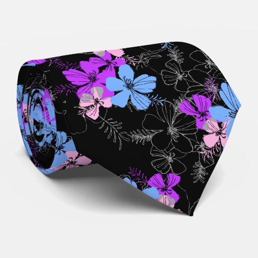 Midnight Garden Hibiscus Floral dubbelzijdig bedru Stropdas (Opgerold)