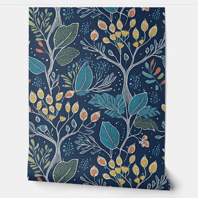 Midnight Garden Navy Botanical Behang (Afrollen)